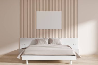 Modern minimalist yatak odasının içinde bej duvarlar, ahşap zemin, rahat beyaz kral yatağı iki komodinli ve duvarında yatay maket posteri var. 3d oluşturma