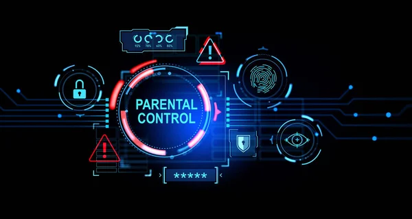 View of immersive futuristic parental control interface over dark blue background. Concept of child online protection from explicit content. 3d rendering