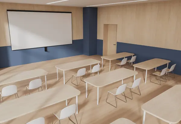 Top view of wooden class room interior with chairs and desk in row, mock up copy space projection screen on wall. Training or educational space with minimalist design and door. 3D rendering