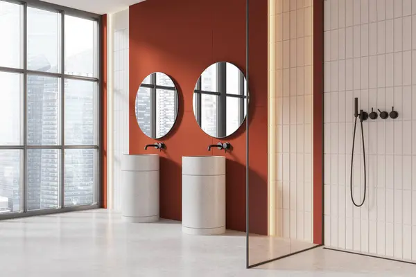 Orange Und Beige Fliesen Hause Badezimmer Innenausstattung Mit Doppelwaschbecken Und — Stockfoto