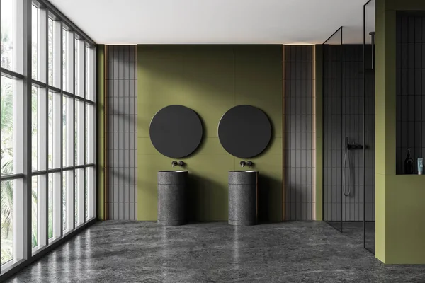 Interior Casa Banho Elegante Com Paredes Azulejos Verde Cinza Piso — Fotografia de Stock
