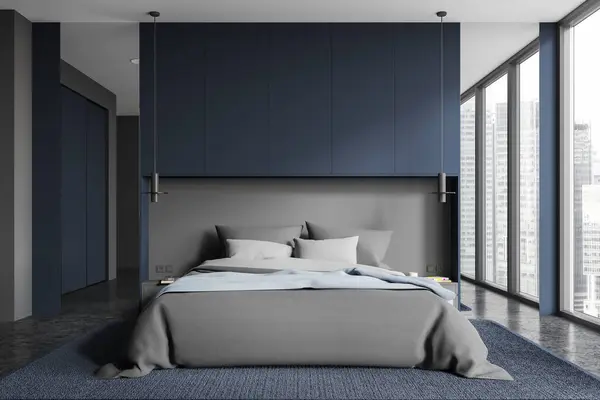 Dark Home Bedroom Interior Bed Grey Linens Carpet Grey Granite — Stock Photo, Image