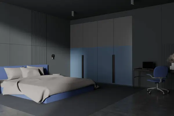 Esquina Elegante Dormitorio Con Paredes Grises Suelo Hormigón Cómoda Cama — Foto de Stock