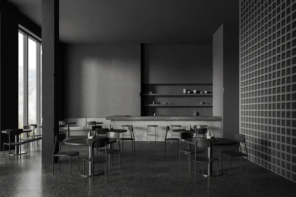 グレーの壁 コンクリートの床 スツール付きの巨大なバー 快適なソファー 椅子付きの丸テーブルでロフトスタイルのモダンなレストランのインテリア 3Dレンダリング — ストック写真