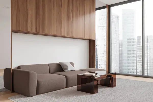 Corner of modern living room with white and wooden walls, wooden floor, comfortable brown sofa standing near glass coffee table and panoramic window with cityscape. 3d rendering