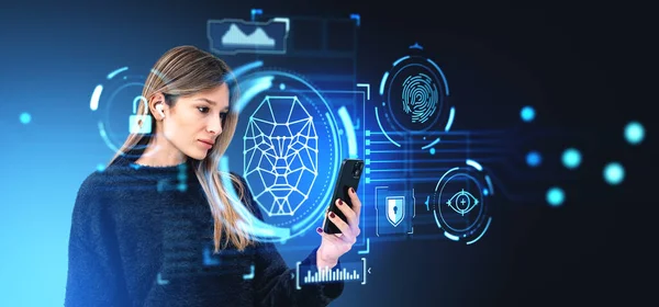 Woman looking at smartphone in hand, wearing earbuds. Digital biometric scanning hud hologram, face detection and recognition. Concept of unlock device and authentication