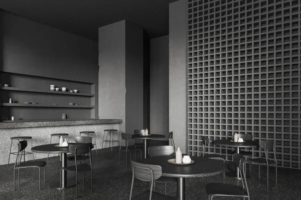 Interior Restaurante Escuro Com Mesa Jantar Cadeiras Fileira Piso Granito — Fotografia de Stock