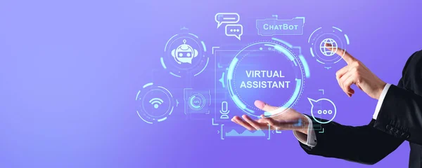 Hands of businessman working with AI artificial intelligence virtual assistant icons over purple copy space background. Concept of chat bot, machine learning and robot research