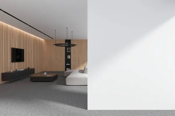 Interior Moderna Sala Estar Com Paredes Brancas Madeira Piso Alcatifado — Fotografia de Stock