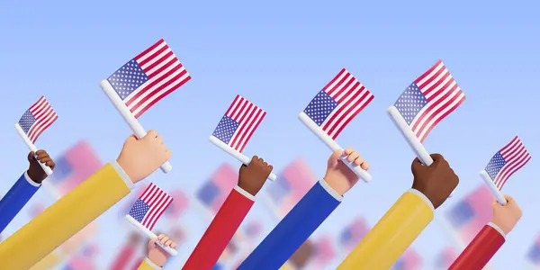 Multiracial cartoon characters hands holding us flags, crowd of people on a march or meeting. Concept of the struggle for rights, equality and freedom. 3D rendering illustration