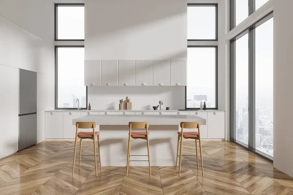 White Home Kitchen Interior Bar Island Stool Hardwood Floor Elegant — Stock Photo, Image