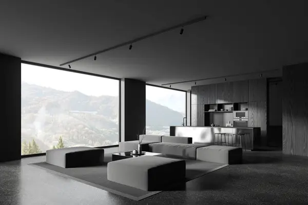Dark flat studio interior with sofa and coffee table, side view bar island and stool on grey granite floor. Cooking corner with cabinet and panoramic window. 3D rendering
