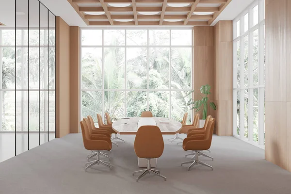 Interieur Eines Modernen Büro Besprechungsraums Mit Beigen Hölzernen Und Gläsernen — Stockfoto