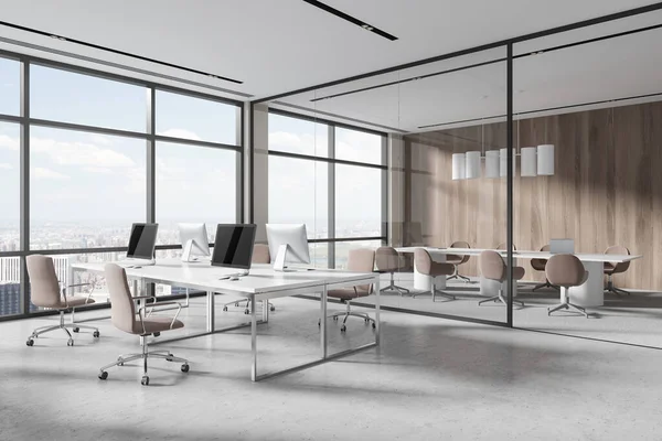 White and wooden office interior with coworking space, side view pc computers on shared table. Glass conference zone with board, panoramic window on skyscrapers. 3D rendering