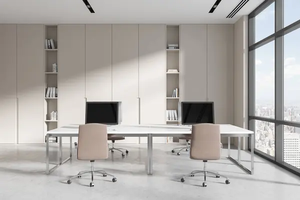 Comfortable Workplace White Computer Desks Beige Chairs Modern Office Interior — Stock Photo, Image
