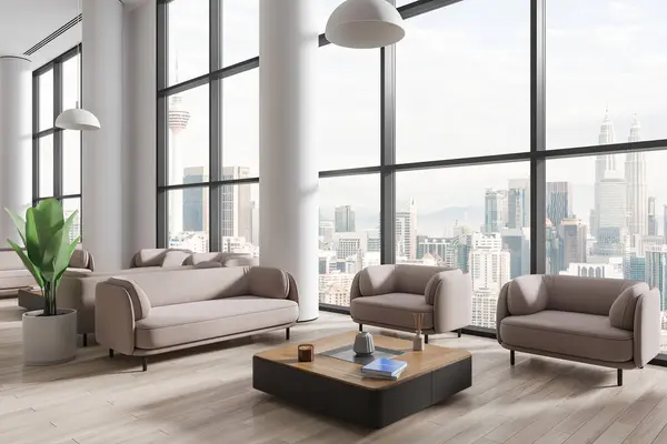 Stylish office lobby interior with beige sofa and armchairs, side view coffee table with decoration on hardwood floor. Panoramic window on Kuala Lumpur skyscrapers. 3D rendering