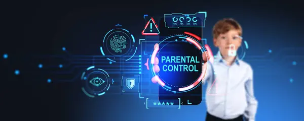 Boy Showing Phone Display Parental Control Hologram Hud Padlock Biometric — Stock Photo, Image