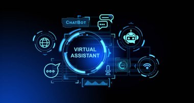 Parlak iletişim simgeleri ve konuşma baloncukları olan sanal yardımcı hologram, sohbet botu veya robot sohbeti ve çevrimiçi yardım masası. Modern teknoloji ve yapay zeka kavramı. 3B resimleme