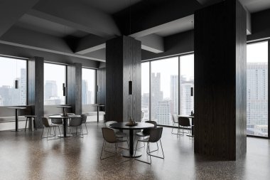 New York gökdelenleri üzerinde yan manzara panoramik penceresi olan sıralı koltukları ve masası olan karanlık bir restoran. Siyah tahta kolonları ve yemek alanı olan minimalist bir kafe. 3B görüntüleme