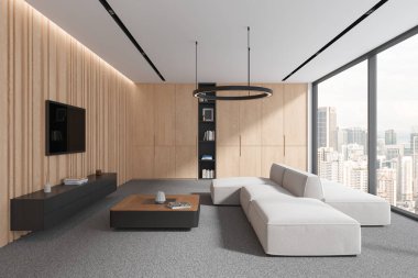 Şık bir ev oturma odası. Kanepesi, büfesi, sehpası ve dekorasyonlu rafı var. Kuala Lumpur gökdelenlerinin panoramik penceresi. 3B görüntüleme