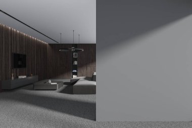 Gri ve koyu ahşap duvarlı, halılı, kare sehpa ve düz ekran televizyonun yanında duran rahat gri koltuklu şık bir oturma odası. Sağ taraftaki uzay duvarını kopyala. 3d oluşturma