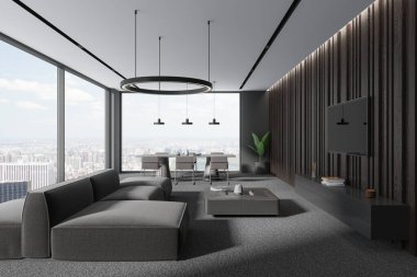 Oturma odasının içinde kanepe, TV ekranı ve konsolu olan karanlık bir yer. New York gökdelenlerinin panoramik penceresinin yanında sandalyeli yemek masası. 3B görüntüleme