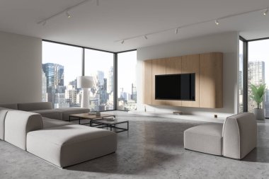 Modern oturma odasının köşesinde beyaz ve ahşap duvarlar, beton zemin, rahat gri kanepe ve sehpaların yanında duran koltuk ve duvarda televizyon. 3d oluşturma