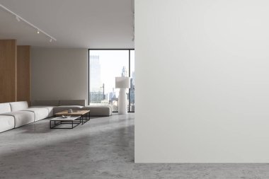 Beyaz oturma odasının içi kanepe ve dekorasyonlu kahve masası New York gökdelenlerinde panoramik pencere. Boş fotokopi duvarı bölümlerini düzenle. 3B görüntüleme