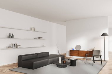 Beyaz ev oturma odası. Deri koltuğu, çekmecesi ve yan manzaralı koltuğu var. Yumuşak köşeli, sehpalı, kitaplı ve dekoratif raflı. 3B görüntüleme