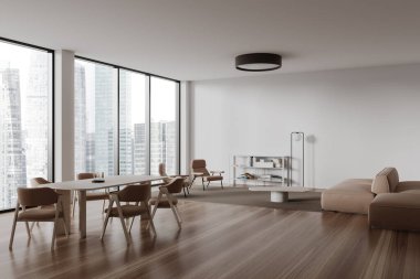 Beyaz oturma odasının içinde sandalyeli yemek masası, yan görüş bej kanepe ve koltuklar var. Singapur gökdelenlerinin panoramik pencereli minimalist salon köşesi. 3B görüntüleme