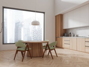 Beyaz ve ahşap mutfak, yemek masası ve sandalyeleri Singapur gökdelenlerinde panoramik pencereli yan manzara yemek dolabı. 3B görüntüleme