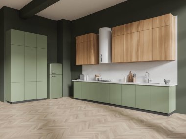 Koyu yeşil duvarları olan şık bir mutfağın köşesi, ahşap zemin, ahşap dolaplar, tencere, lavabo ve yeşil buzdolabından yapılmış rahat yeşil dolaplar. 3d oluşturma