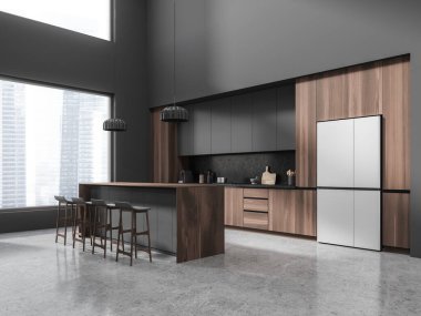 Bar adası ve taburesi olan karanlık ahşap ev mutfağı, buzdolabı, kabin ve gökdelenler üzerine panoramik pencereli yemek ve yemek köşesi. 3B görüntüleme