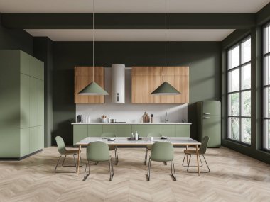 Koyu yeşil duvarlı, ahşap zemin, ahşap dolaplar, lavabo, fırın ve yeşil sandalyeli uzun yemek masalı yeşil dolaplar. 3d oluşturma