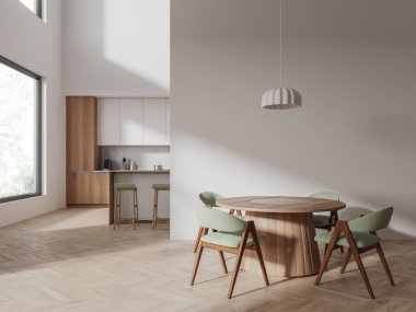 Bej ev mutfağı, yemek masası ve bar adası, parke döşeme arkasında. Tropik bölgelerde dışkı ve panoramik pencereli yemek pişirme dolabı. 3B görüntüleme