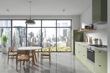 Beyaz duvarları, fayanslarla döşenmiş modern mutfağın içi, tencere ve lavaboda yapılmış rahat yeşil dolaplar ve sandalyeli rahat yemek masası. 3d oluşturma