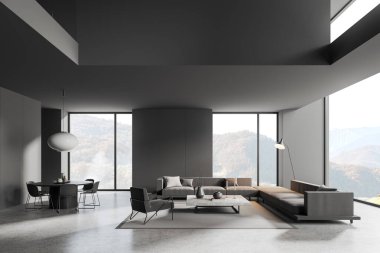 Karanlık oturma odası, yumuşak bir yer, gri kanepe ve koltuklar, sandalyeli yemek masası. Kırsal kesimde panoramik penceresi olan bir apartman dairesi. 3B görüntüleme