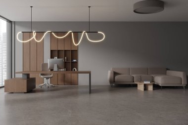 Masasında bilgisayar olan karanlık bir ceo odası, dekorasyonlu bir raf. Kanepe ve beton zeminde kahve masası olan rahat bir bölge. Gökdelenlerin panoramik penceresi. 3B görüntüleme