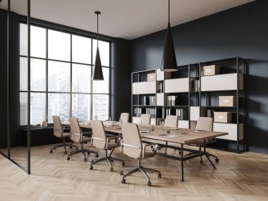 Konferans masası ve koltukları olan mavi ofis. Üzerinde ahşap döşemeler olan yan görüş rafı. Gökdelenlerde panoramik pencereli ahşap cam toplantı köşesi. 3B görüntüleme