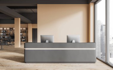 İçinde bej ve gri duvarlar, ahşap zemin ve üzerinde iki bilgisayar bulunan rahat gri ve bej resepsiyon tezgahı olan şık ofis bekleme odası. 3d oluşturma