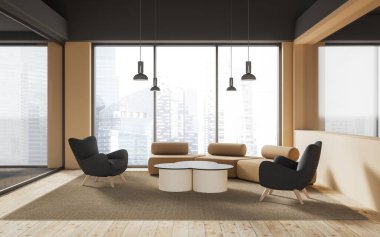 Konforlu ofis lobisi. Koltuğu ve koltuğu var. Ahşap döşemede bej halı var. Singapur gökdelenlerinde panoramik pencereli bekleme ya da buluşma bölgesi. 3B görüntüleme