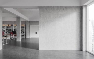 Sandalyeli sanayi ofisi içi bilgisayar, gri beton zemin. Singapur gökdelenlerinde raflı ve panoramik pencereli lüks çalışma alanı. Boş duvarı kopyala. 3B görüntüleme