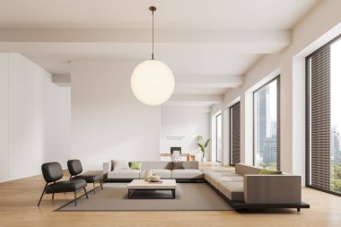 Beyaz ofisin içinde dinlenme alanı var, bölmenin arkasında ortak çalışma alanı var. Gökdelenlerin panoramik penceresinin yanında şık bir bekleme ya da dinlenme odası. 3B görüntüleme