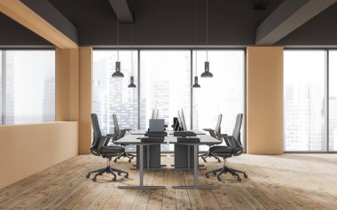Modern ofis içi, masanın üstünde bilgisayar masaüstü, parke zeminde gri koltuklar. Gökdelenlerin panoramik pencereli minimalist işyeri. 3B görüntüleme