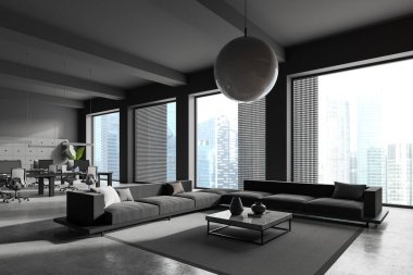 Karanlık ofis içi serin bir yer, yan görüş köşesi ve masa başında bilgisayar var. Singapur gökdelenlerinin panoramik penceresinin yanında rahat bir bekleme ya da soğutma alanı. 3B görüntüleme