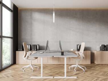 Sandalyeli, bilgisayarlı, ahşap zeminli modern ofis. Büfe ve tropik bölgelerde panoramik pencereleri olan minimalist bir çalışma alanı. 3B görüntüleme