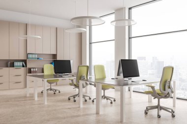 Bej rengi iç mekan, sandalyeler ve bilgisayar, yan görünüş beton zemin. Paris gökdelenlerinin panoramik penceresiyle birlikte çalışan minimalist bir köşe. 3B görüntüleme