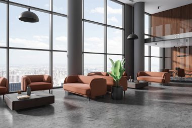 Gri duvarları, beton zemini, rahat kahverengi koltukları ve arka planda kare sehpaların ve cam duvar toplantı salonunun yanında duran koltukları olan şık ofis bekleme odasının içinde. 3d oluşturma