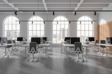 Beyaz iç mekan, koltuklar ve bilgisayar masaüstüyle birlikte, gri beton zemin. Kuala Lumpur gökdelenlerinde şık bir ofis ve kemerli panoramik pencere. 3B görüntüleme