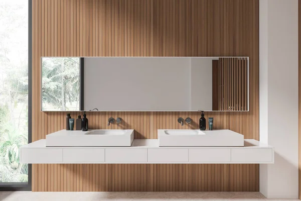 Interior Modern Bathroom White Wooden Walls Concrete Floor Comfortable Massive — Stock Photo, Image